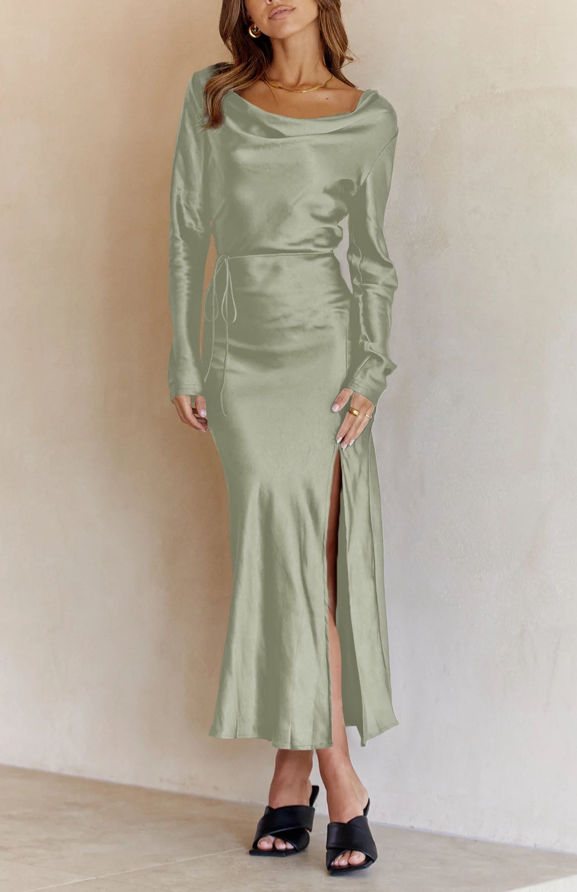 Black Drape Neck Tie Waist Long Sleeve Slit Dress