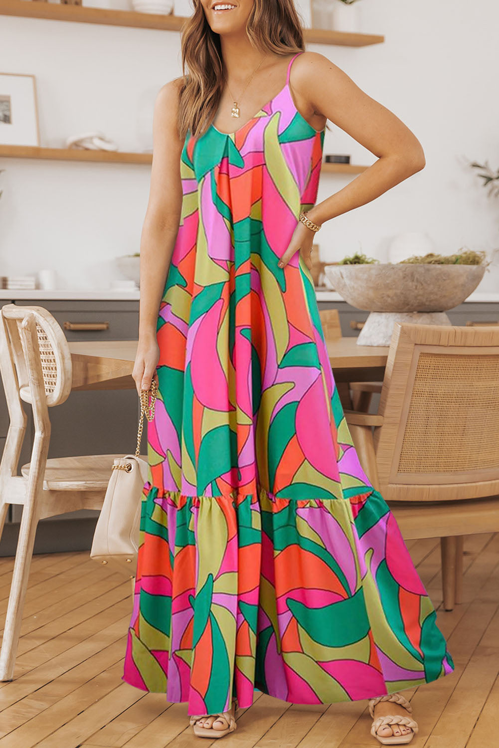 Multicolor Boho Geometric Print Sleeveless Maxi Dress