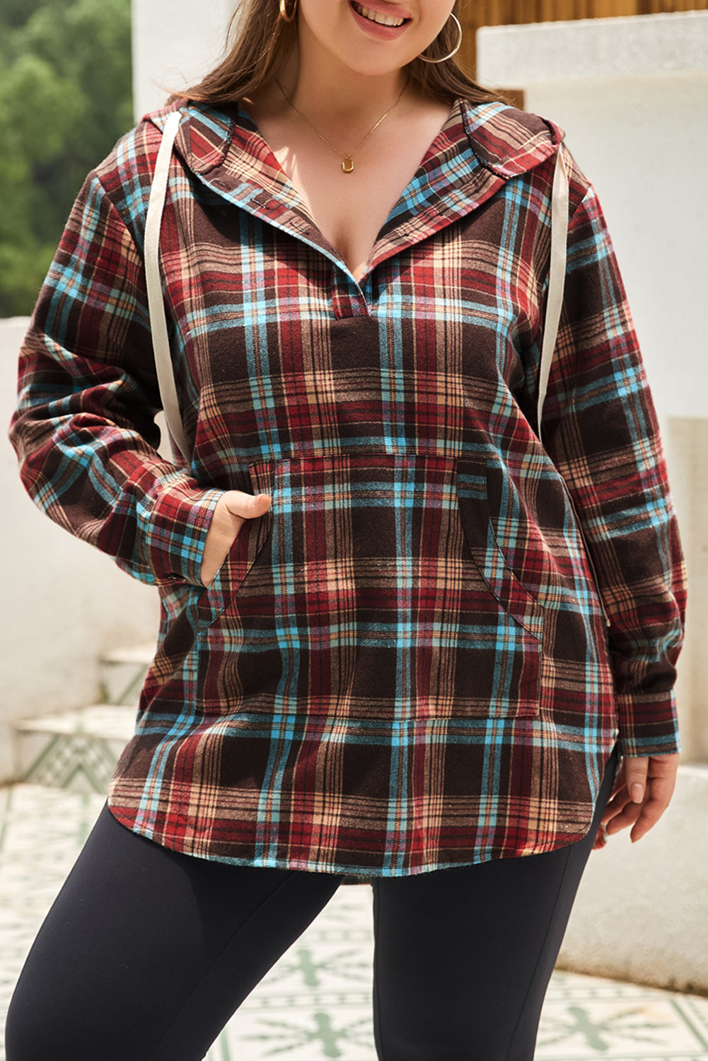 Green Plus Size Plaid Kangaroo Pocket Drawstring Hoodie