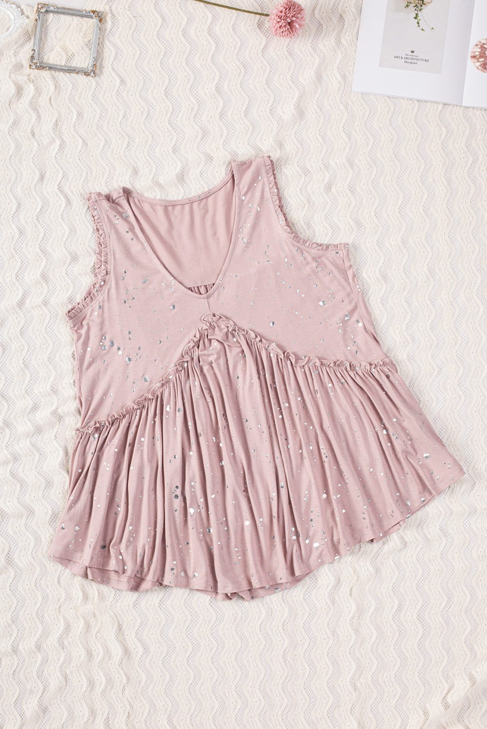 Pink Foil Splatter Drops Ruffled Flowy Tank