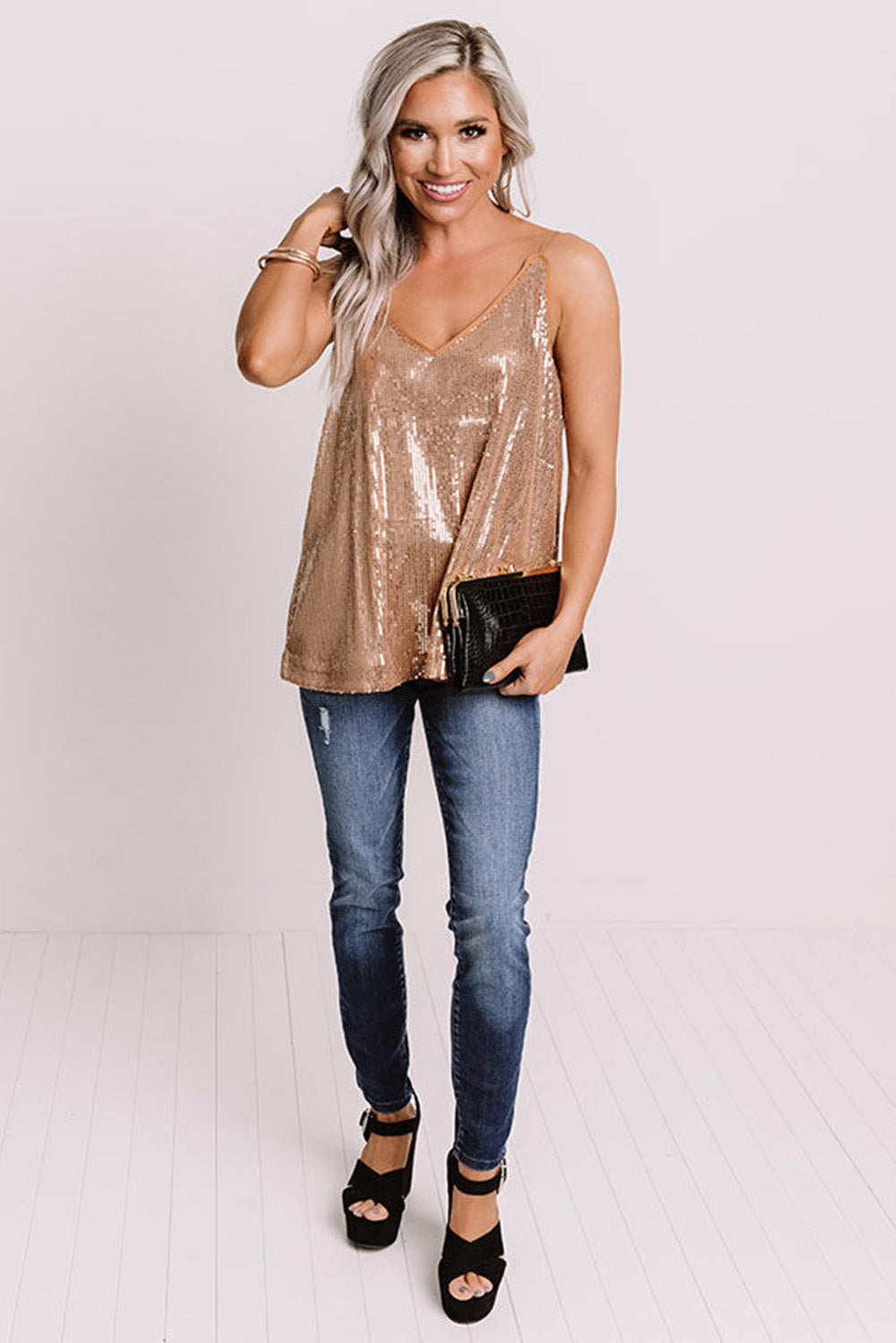 Apricot Spaghetti Straps Sequin Tank Top