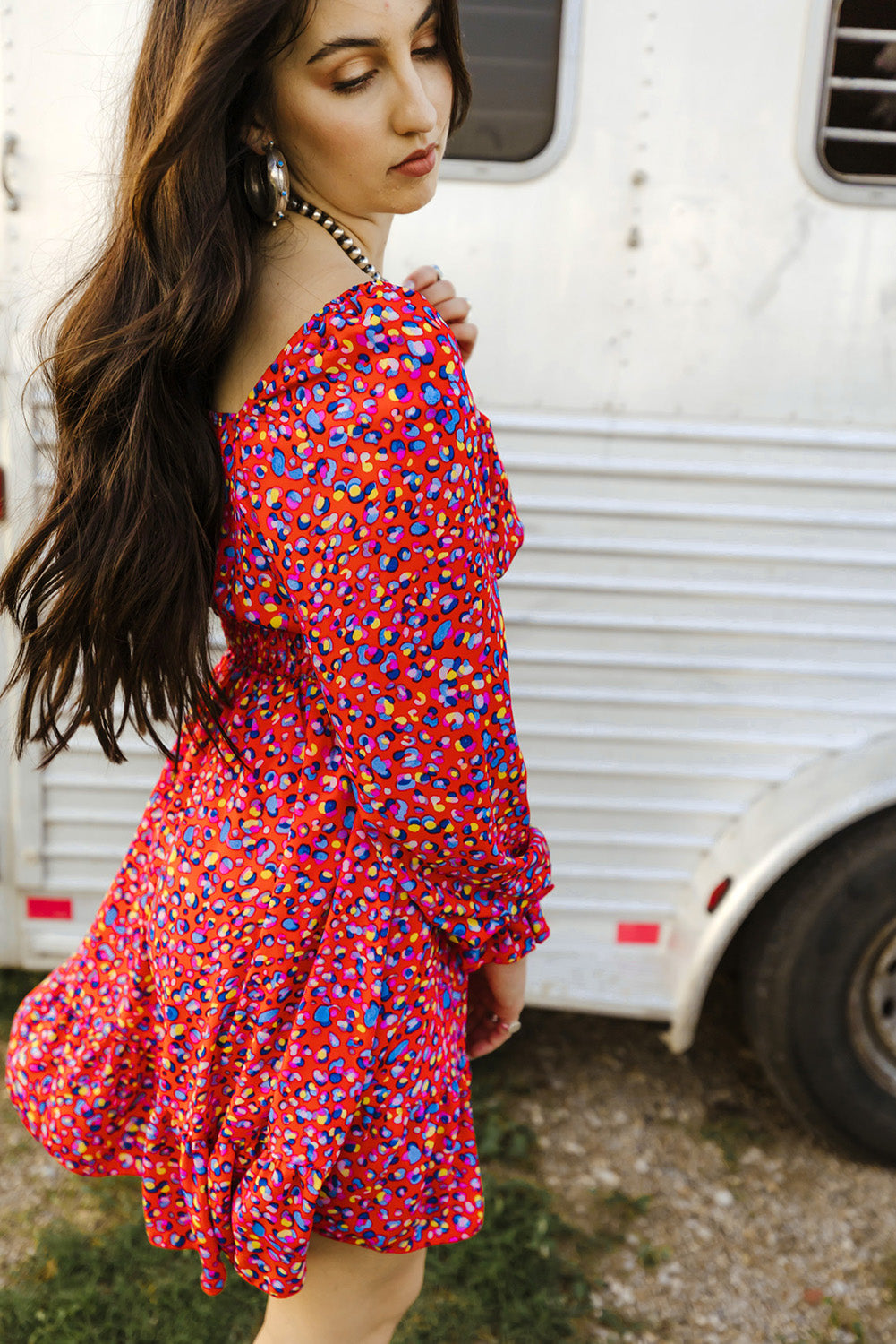 Red Square Neck Spring Floral Dress