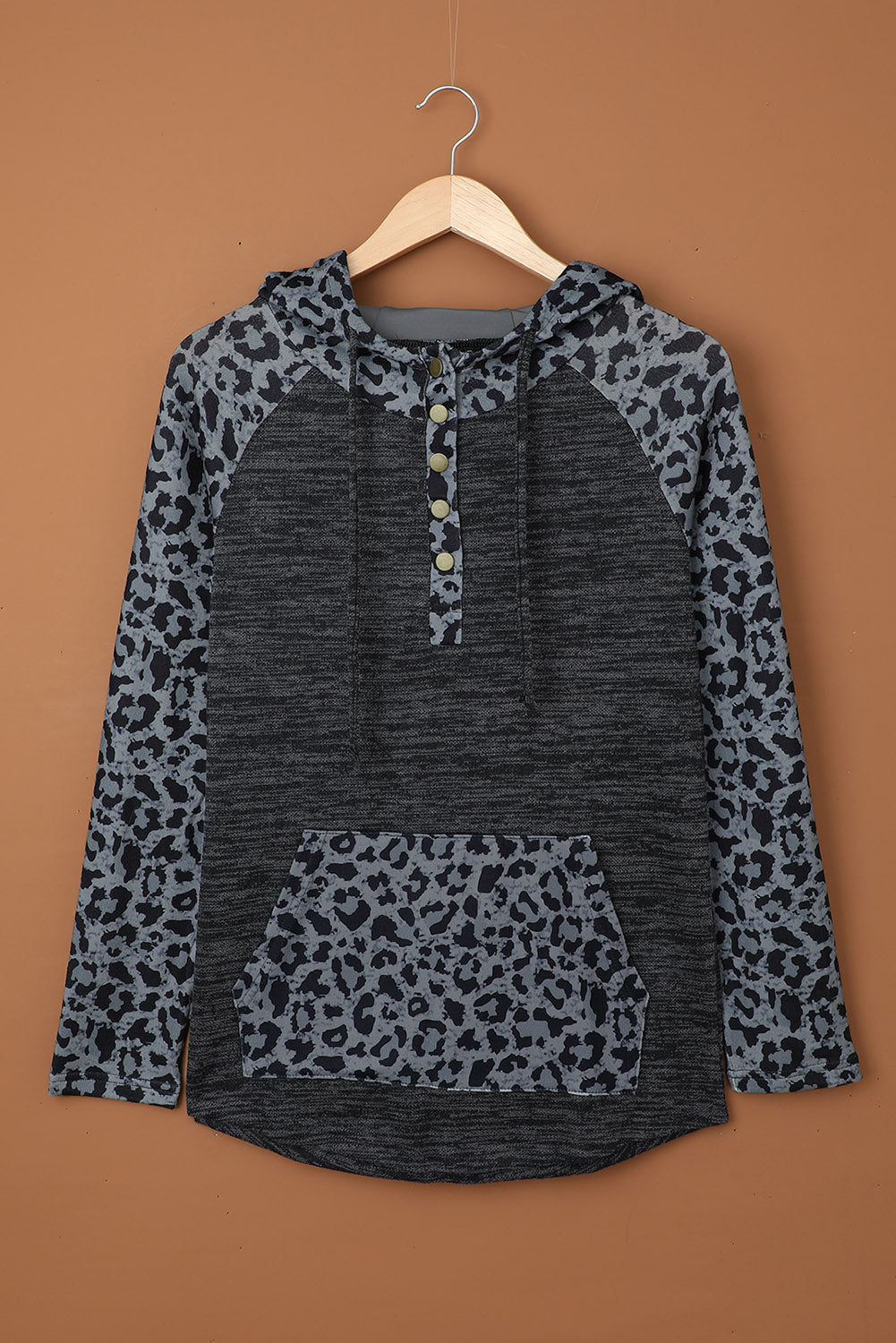 Color Block Leopard Long Sleeves Black Hoodie
