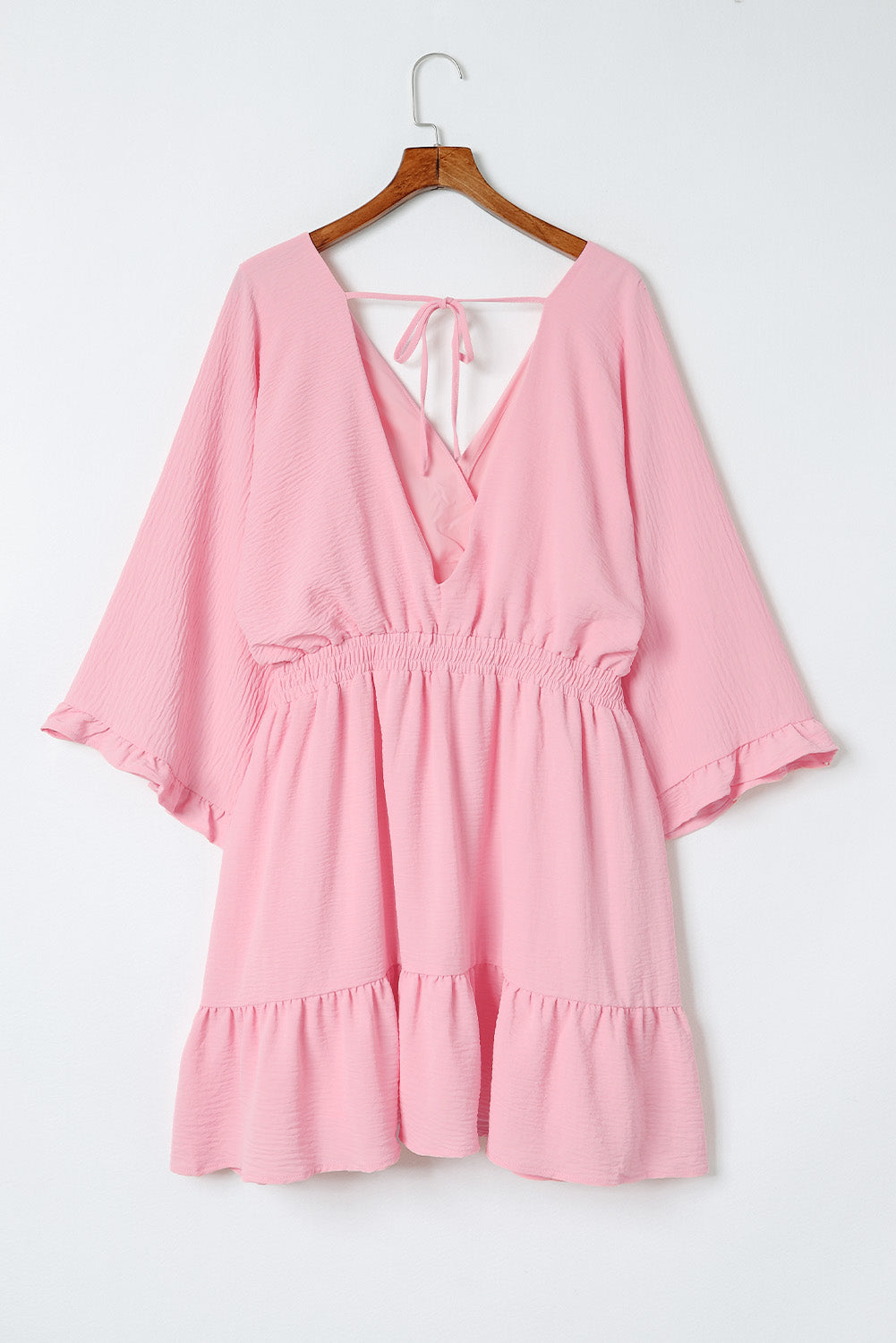 Pink Ruffled Knotted Open Back Wrap V Neck Plus Size Dress