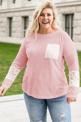 Pink Lace Patchwork Waffle Knit Plus Size Blouse