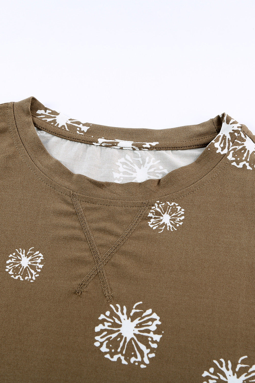 Brown Dandelion Print Crew Neck T-shirt