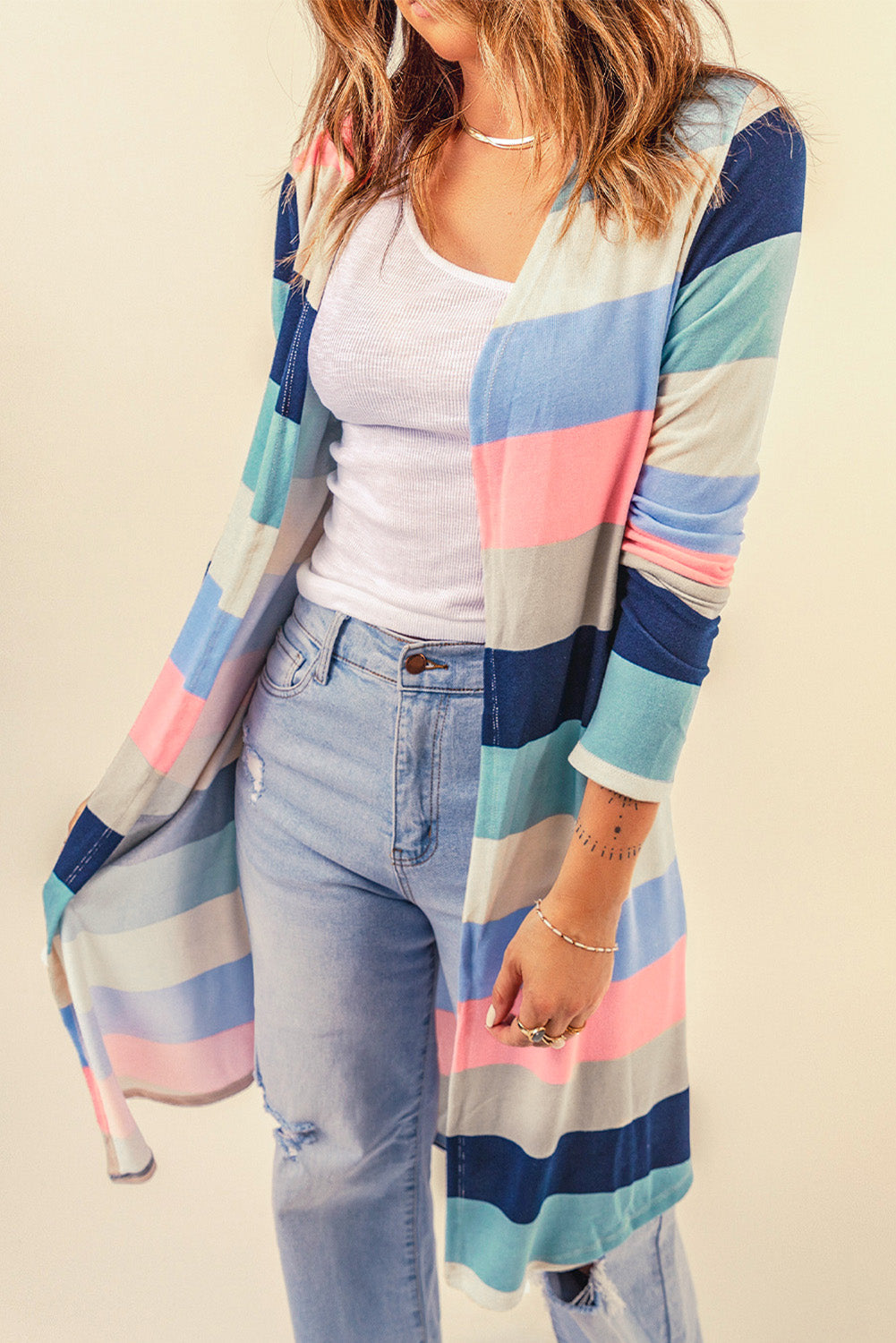 Multicolor Print Colorblock Long Cardigan