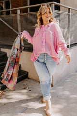 Pink Plus Size Waffle Knit Exposed Seam Shirt