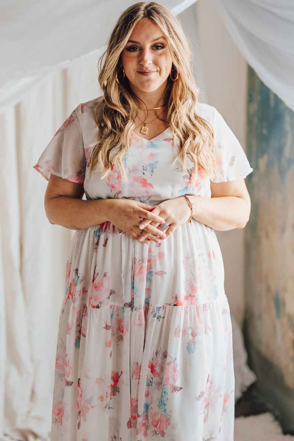 White V Neck Short Sleeves Floral Print Maxi Dress