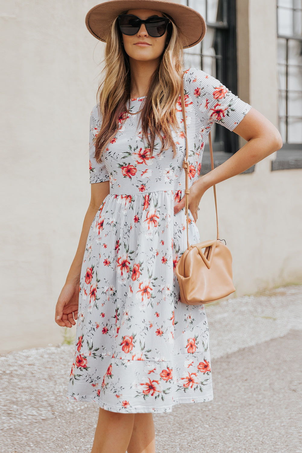 Striped Flower Short Sleeve Flowy Midi Dress