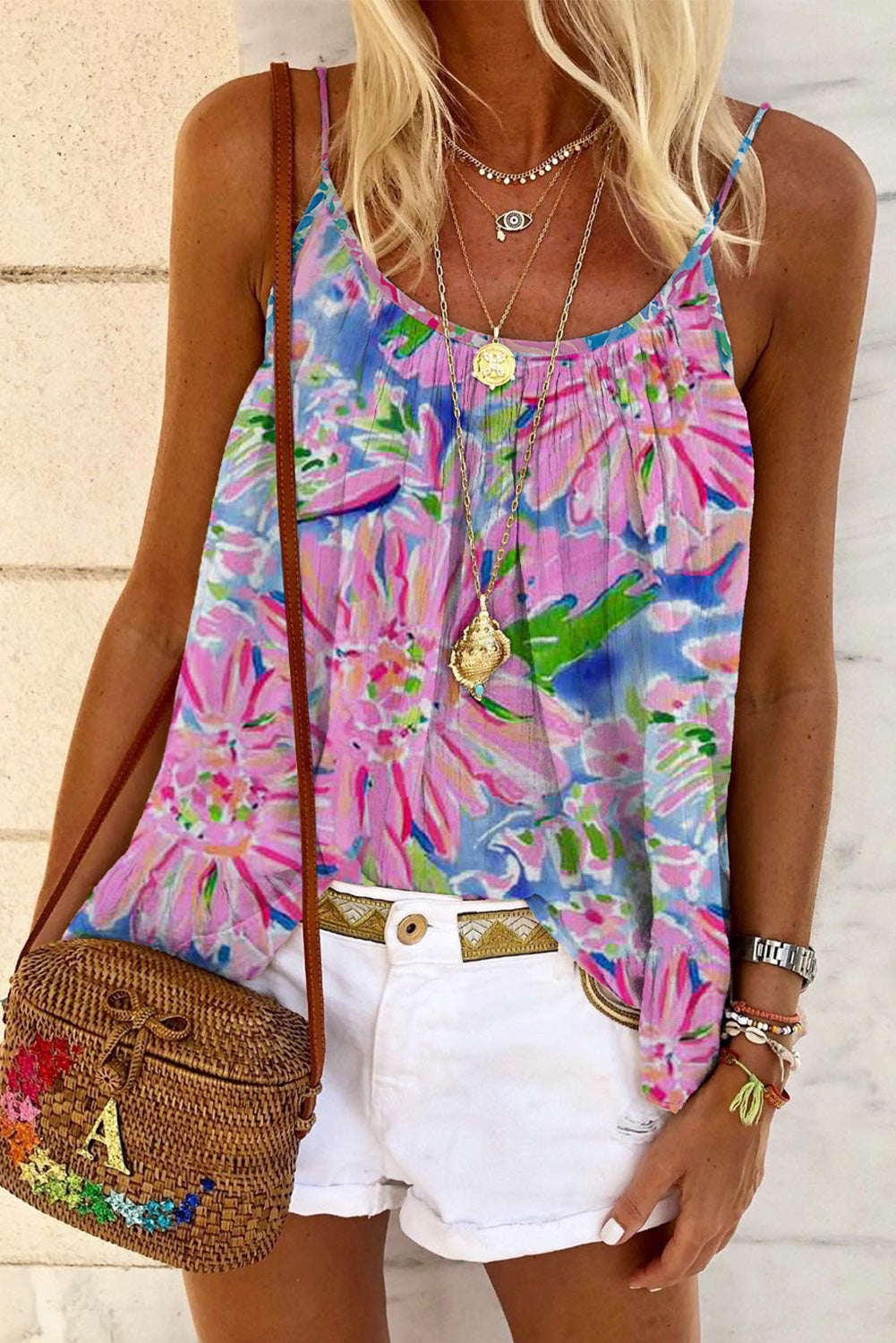 Pink Abstract Floral Print Loose Fit Spaghetti Strap Tank Top