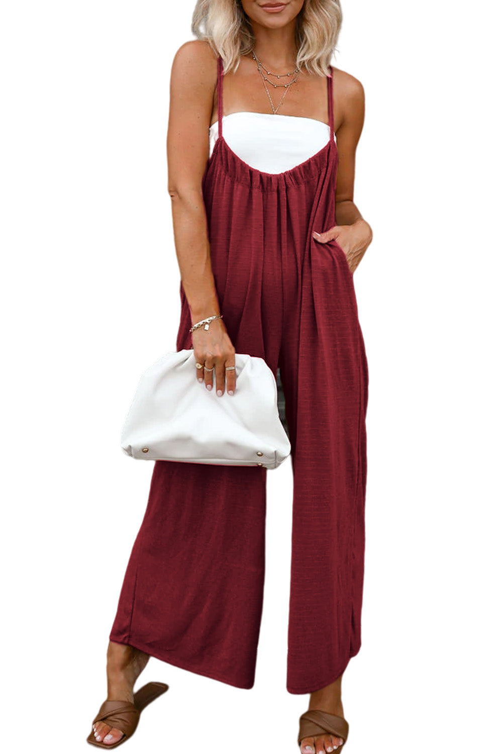Gray Solid Spaghetti Strap Wide Leg Overall