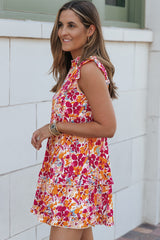 Red Ruffle Trim Tiered Sleeveless Floral Mini Dress