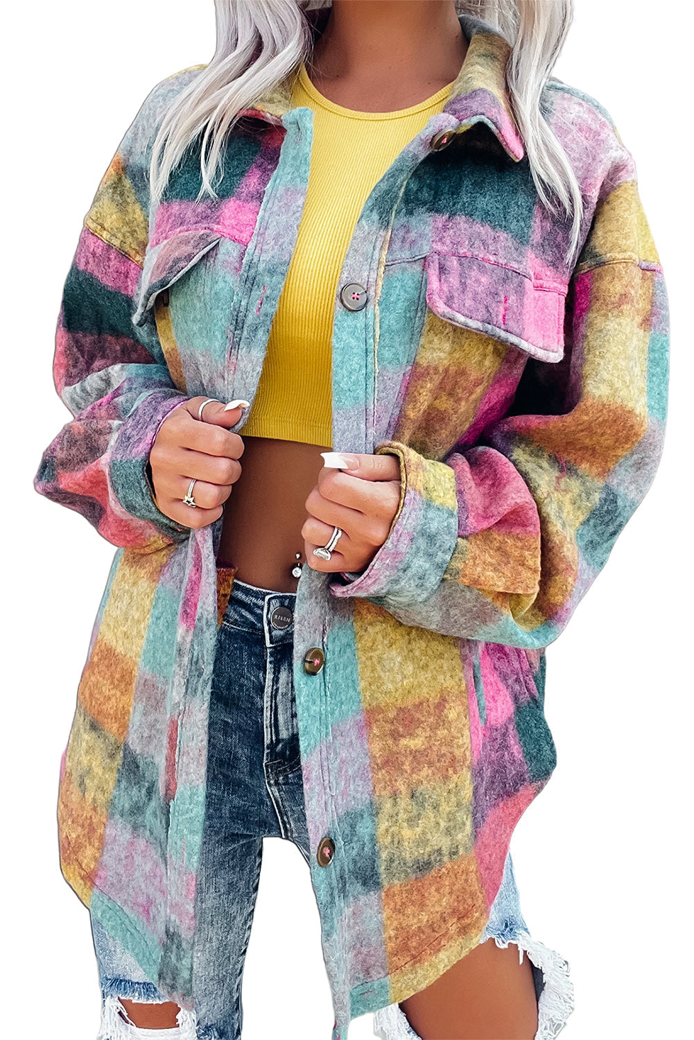 Multicolor Brushed Plaid Pocketed Oversize Shacket