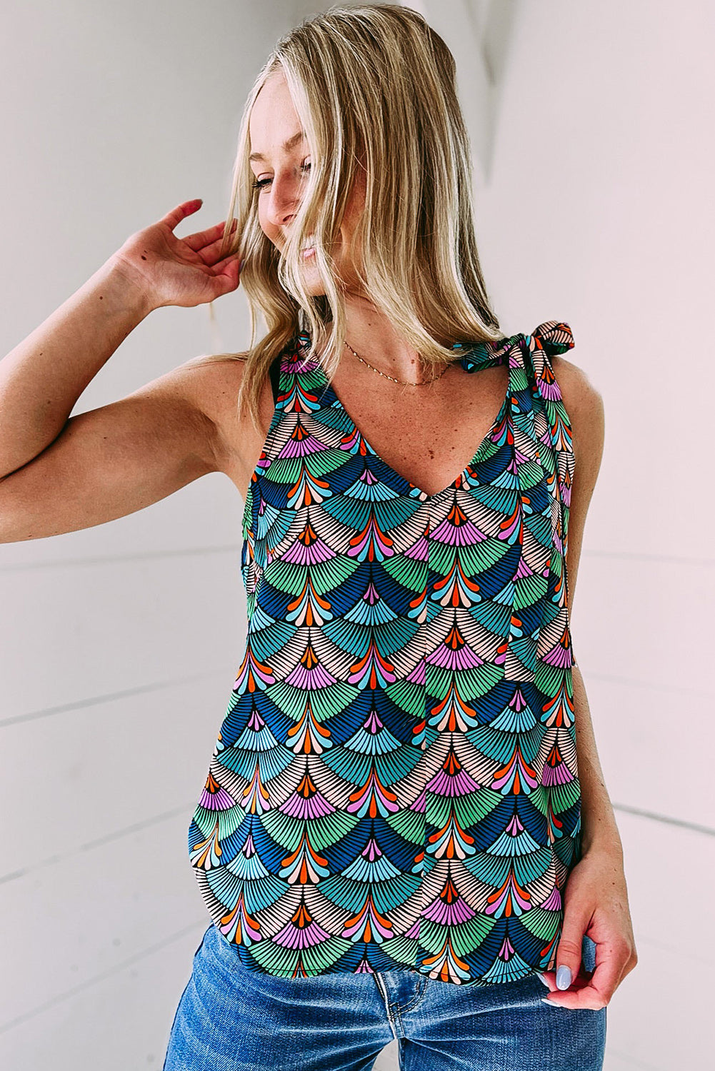 Blue Printed Knotted Shoulder Tank Top