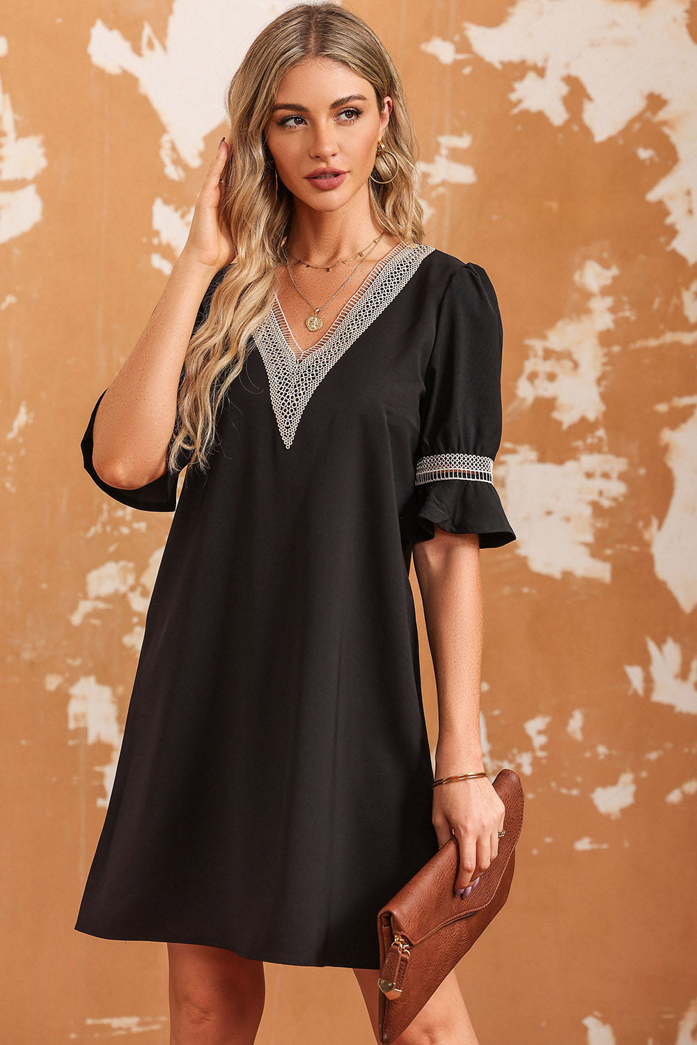 Black Lace Crochet Splicing V Neck Shift Dress