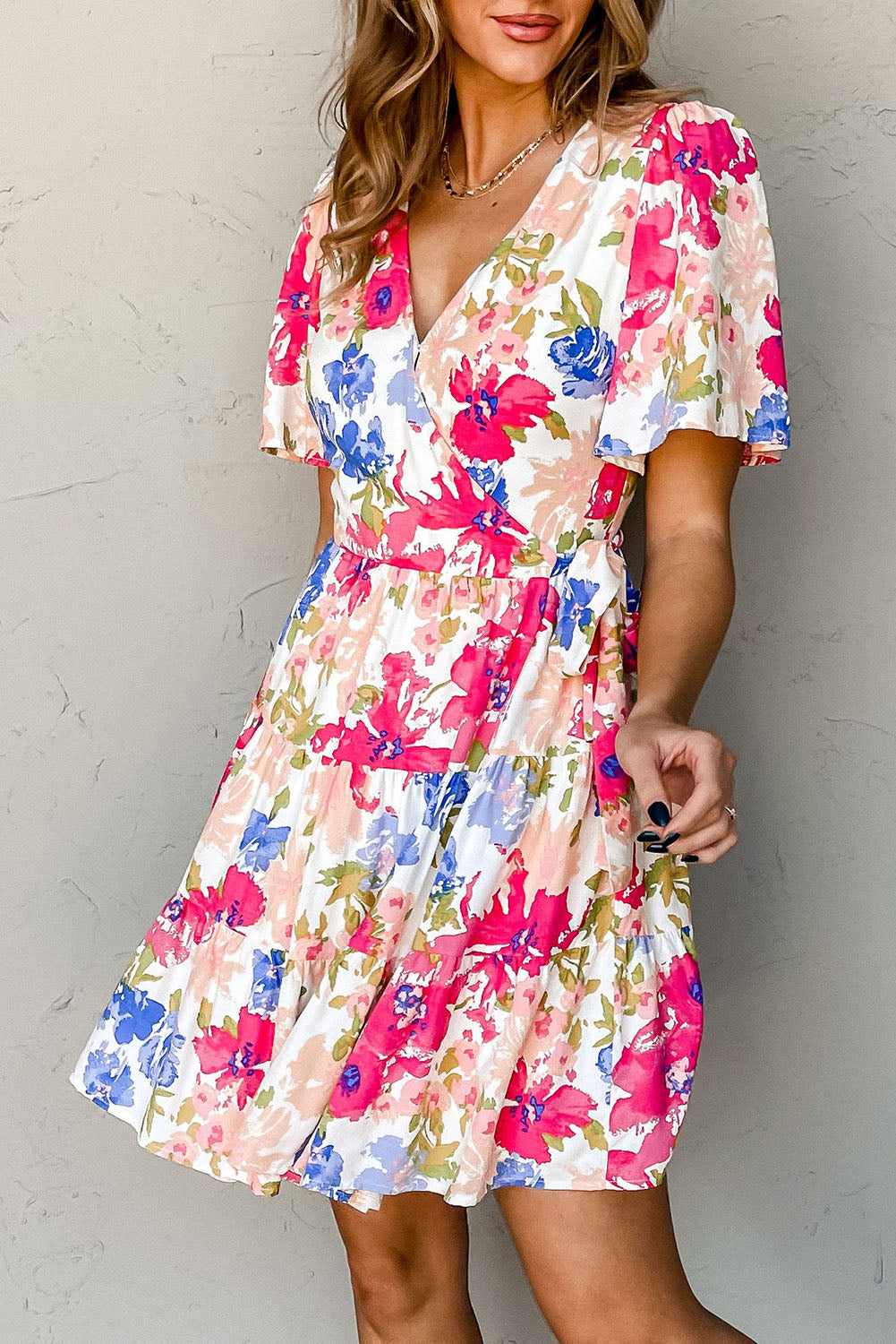 Multicolor Sweet Floral Wrap V Neck Skater Dress