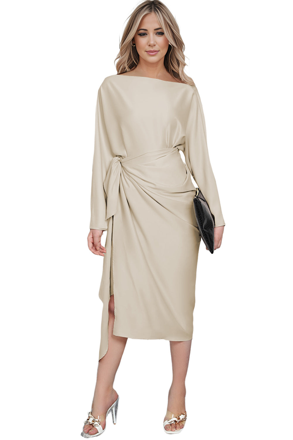 Black Satin Wrap Tie Side Boat Neck Long Sleeve Dress