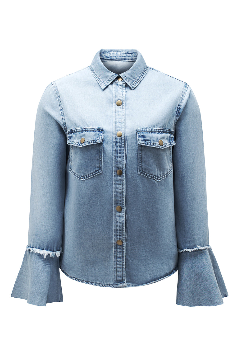 Sky Blue Chest Pockets Bell Sleeve Buttoned Denim Jacket