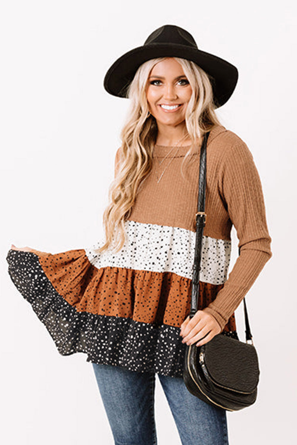 Brown Ribbed Long Sleeve Dotted Tiered Ruffled Flowy Top