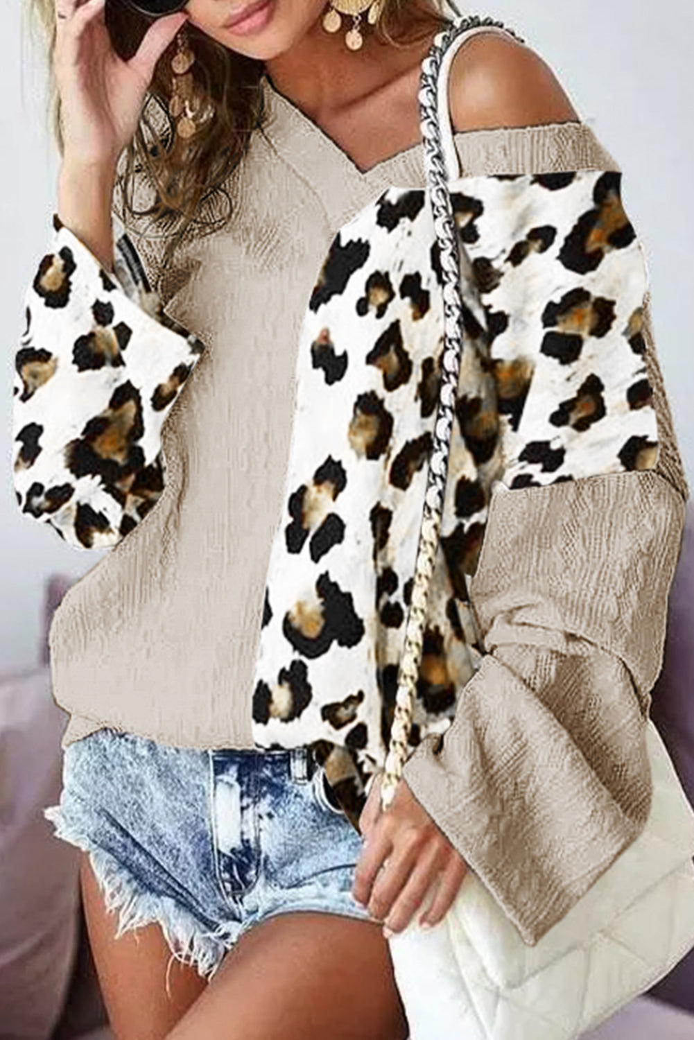 Khaki Asymmetric Leopard Patchwork Wide Sleeve V Neck Sweater