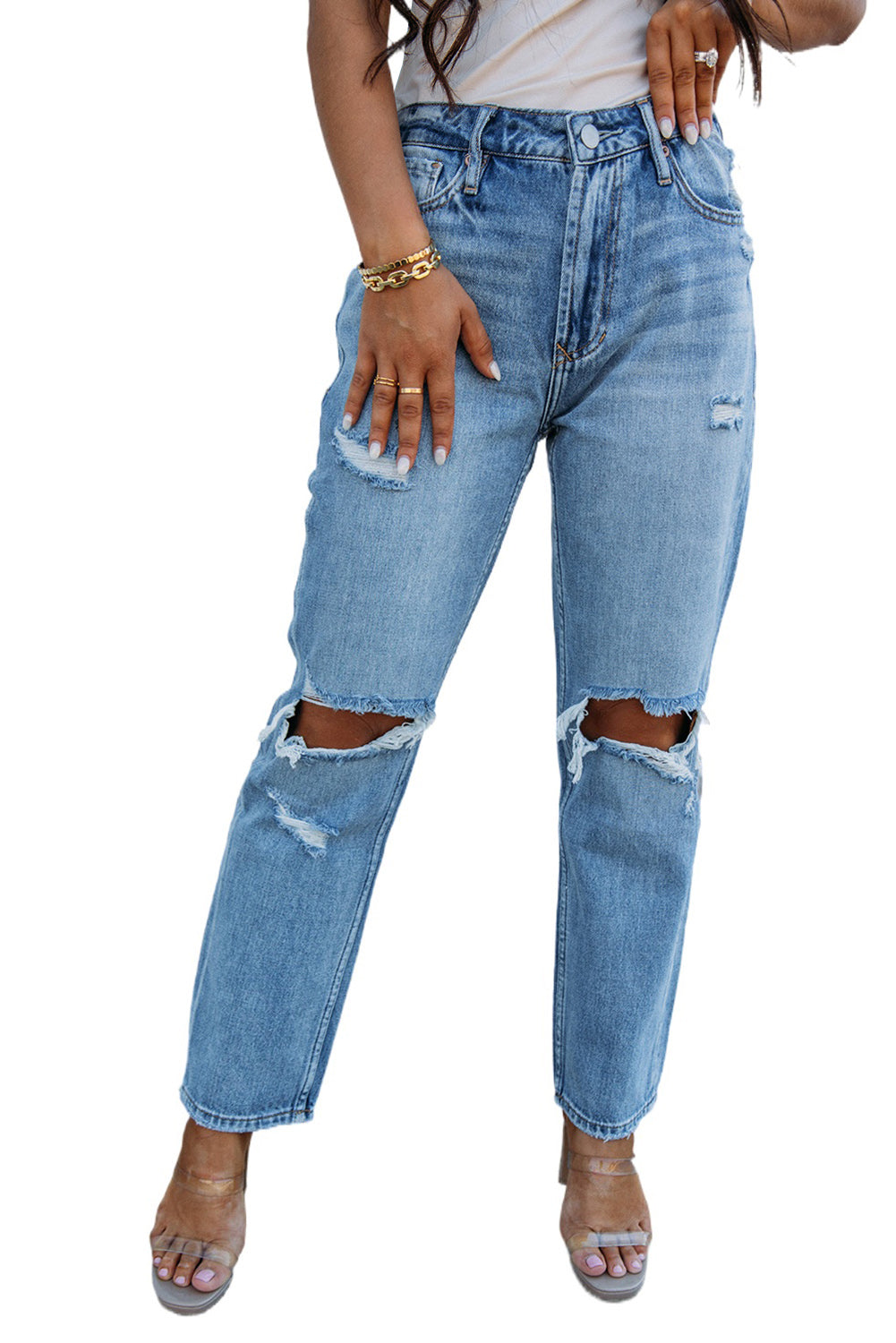 Sky Blue Open Knee Cutout Straight Leg Jeans