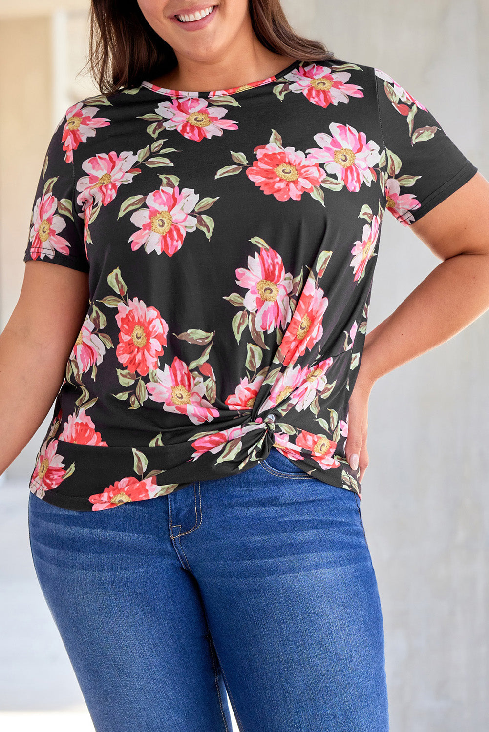 Black Plus Size Floral Print Twist Knot Top