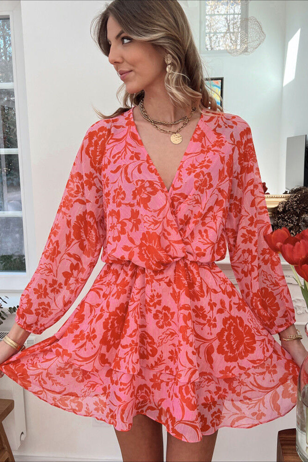 Red Floral Ruffle Layered Puff Sleeve Surplice Dress