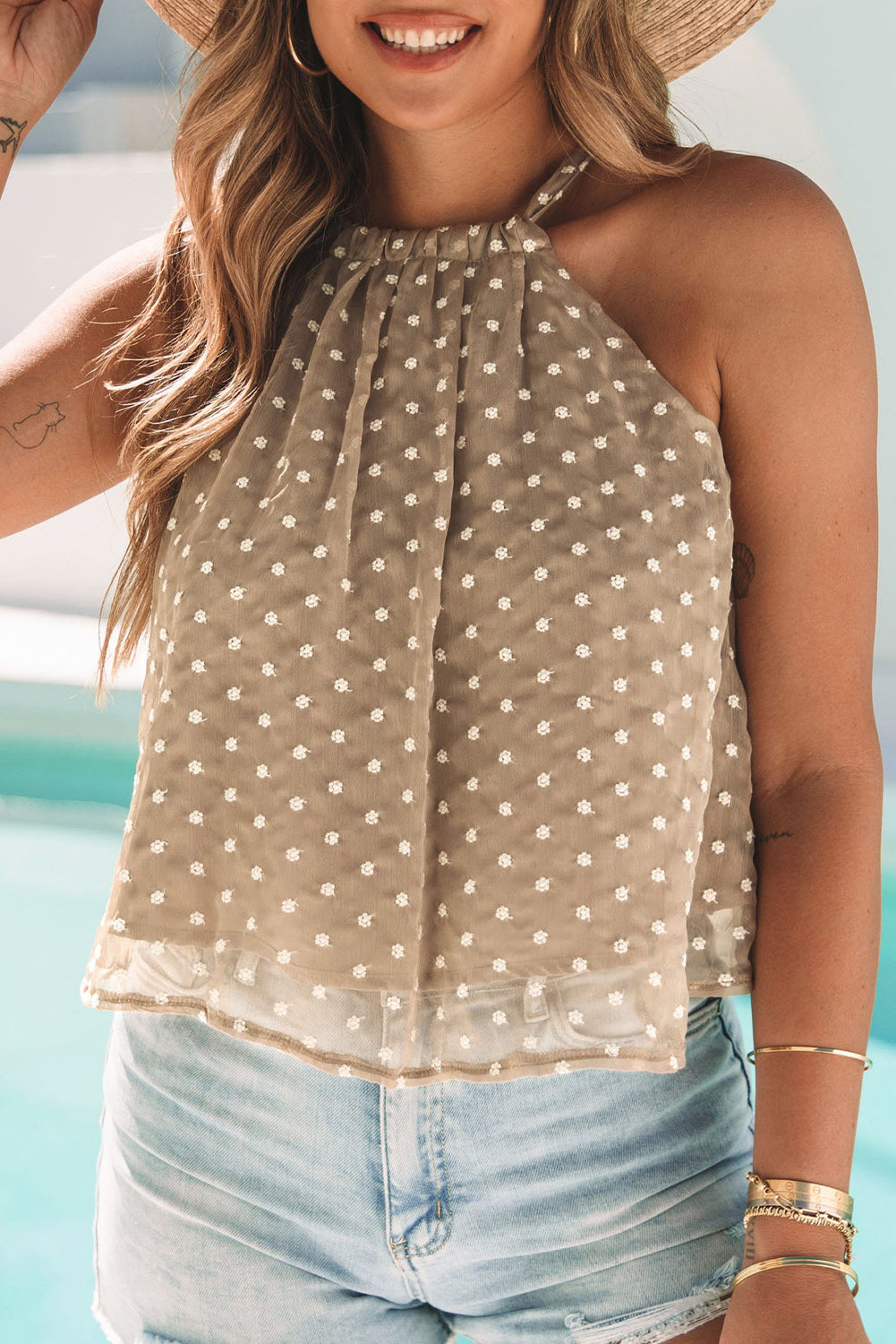 Khaki Daisy Pattern Flowy Tank Top with Tie Back