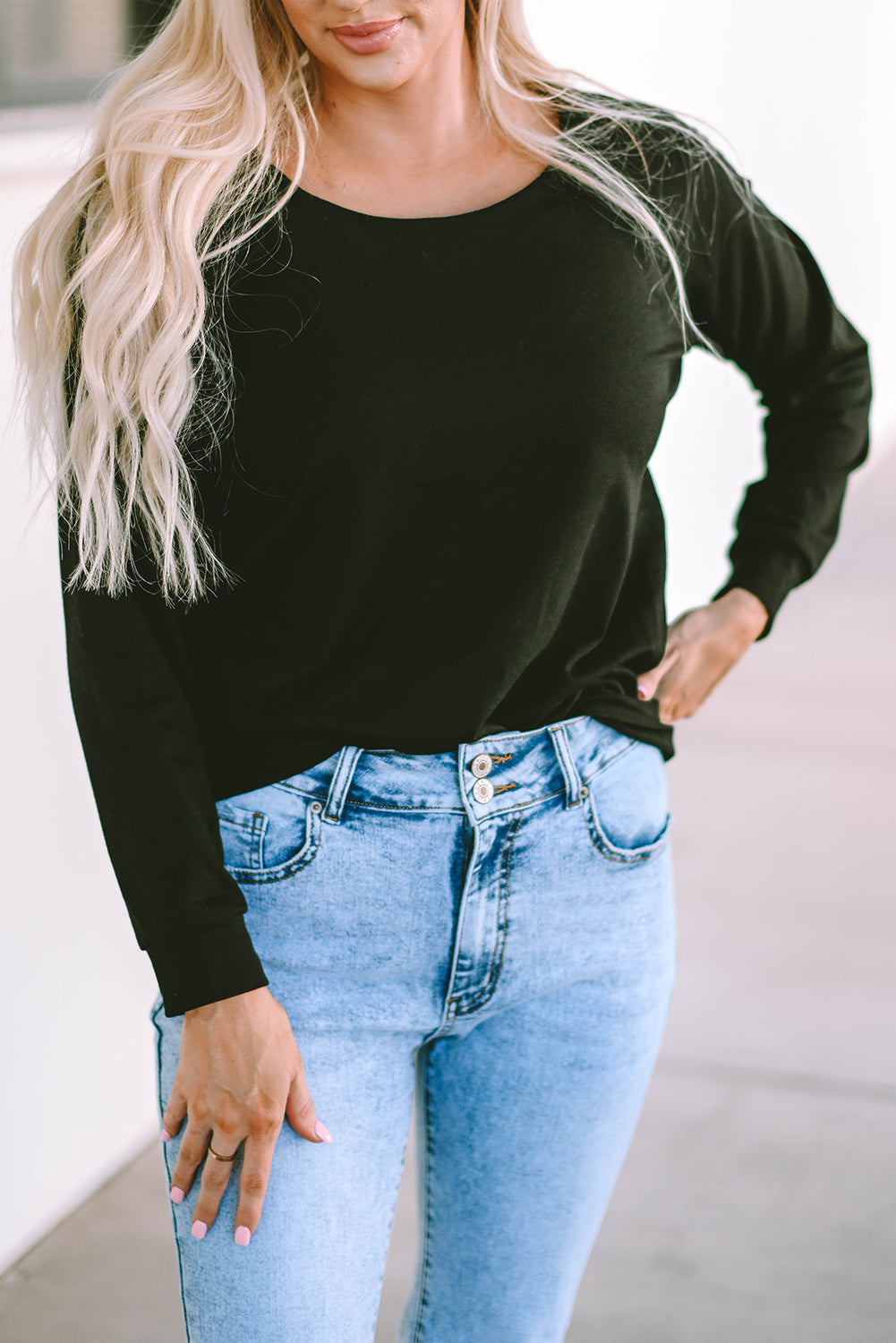 Black Solid Casual Round Neck Raglan Long Sleeve Tee