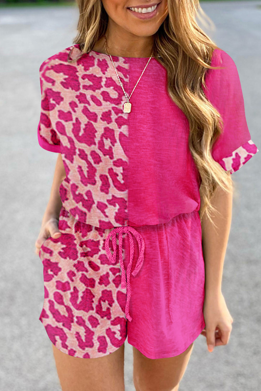 Rose Leopard Patchwork Tie Strap Tank Top