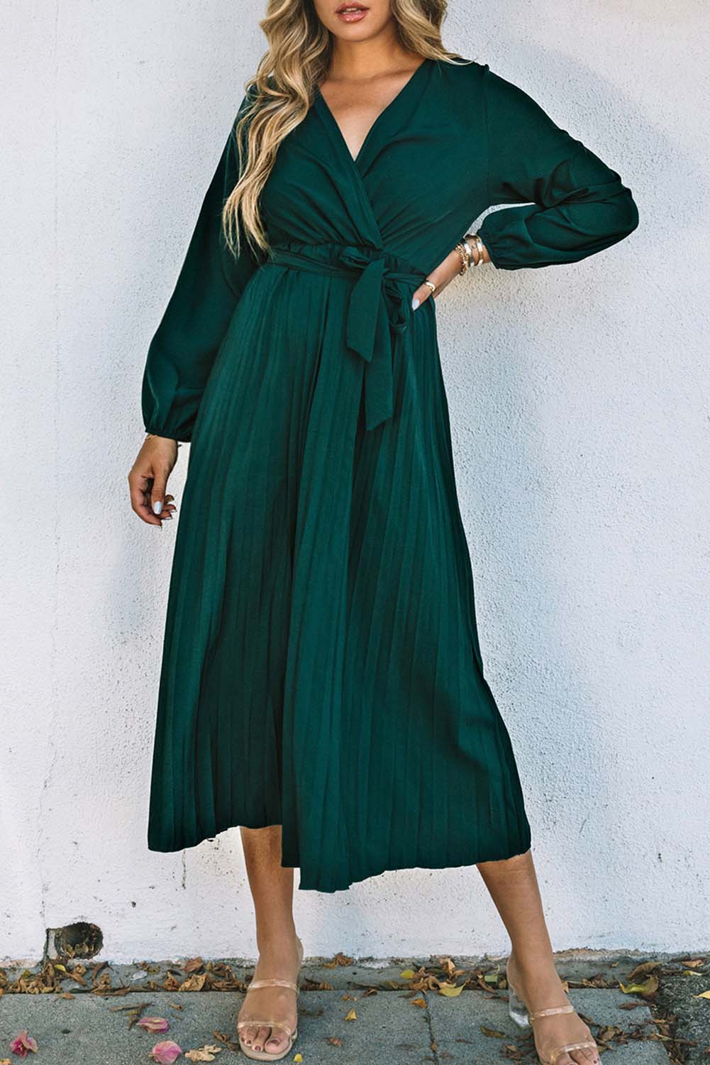 Green Pleated V Neck Wrap Waist Tie Dress