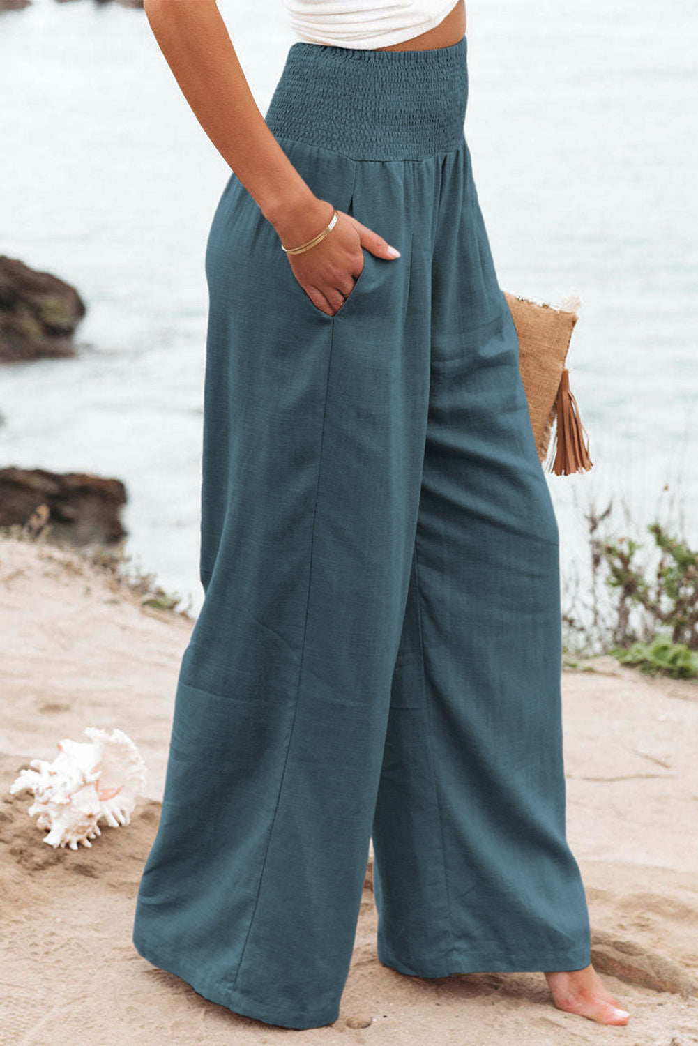 Black Smocked Wide Waistband High Waist Wide Leg Pants