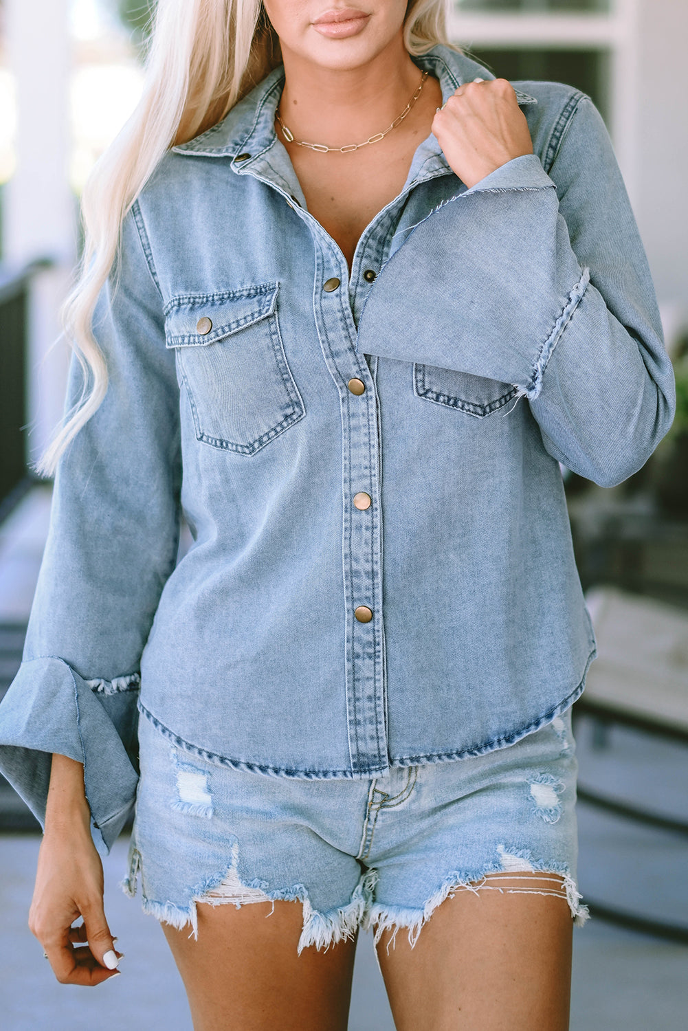 Sky Blue Chest Pockets Bell Sleeve Buttoned Denim Jacket