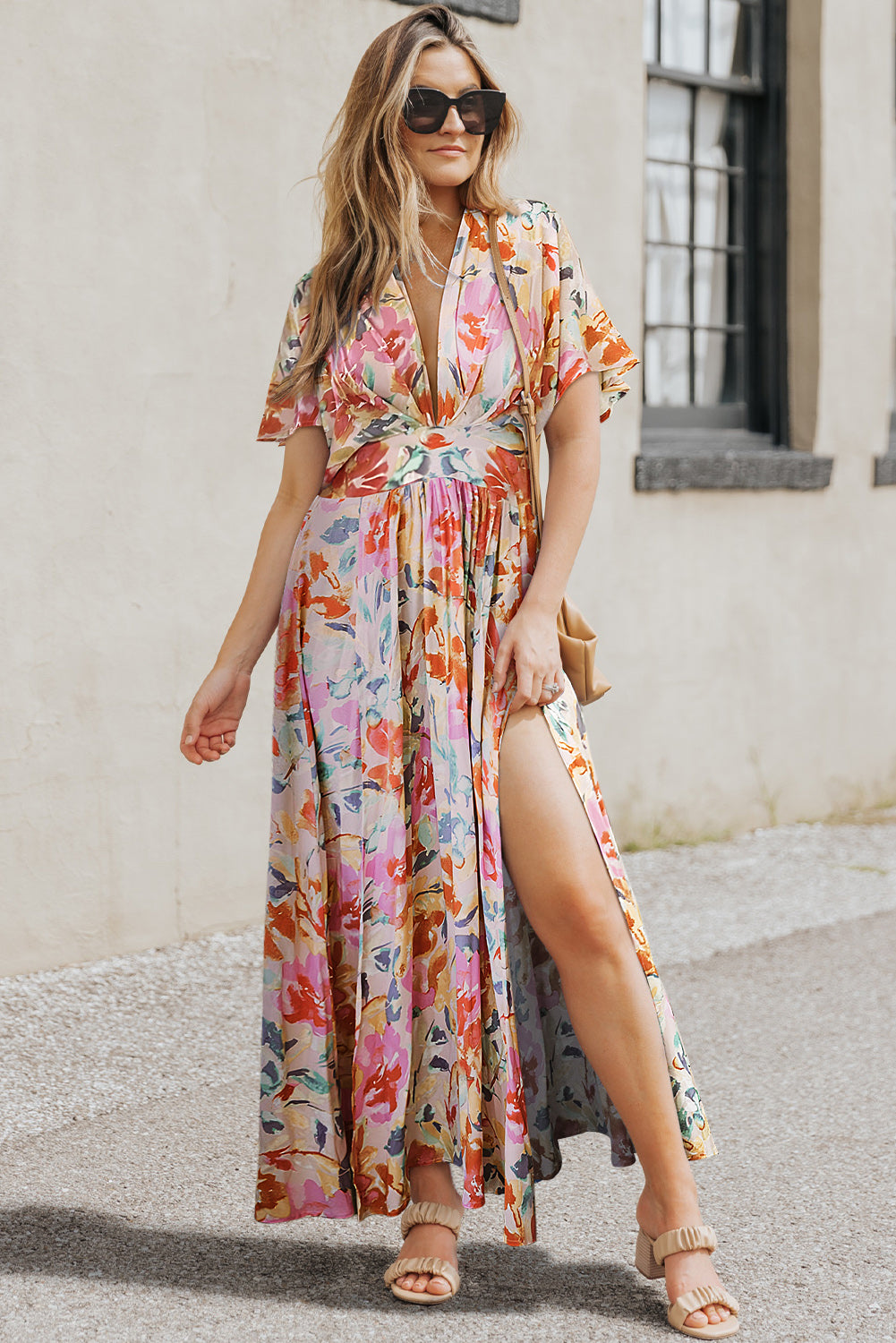 Multicolor Tropical Floral Print Ruched V Neck Maxi Dress