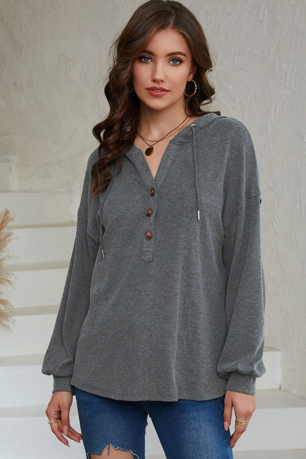 Buttoned High and Low Hem Hoodie