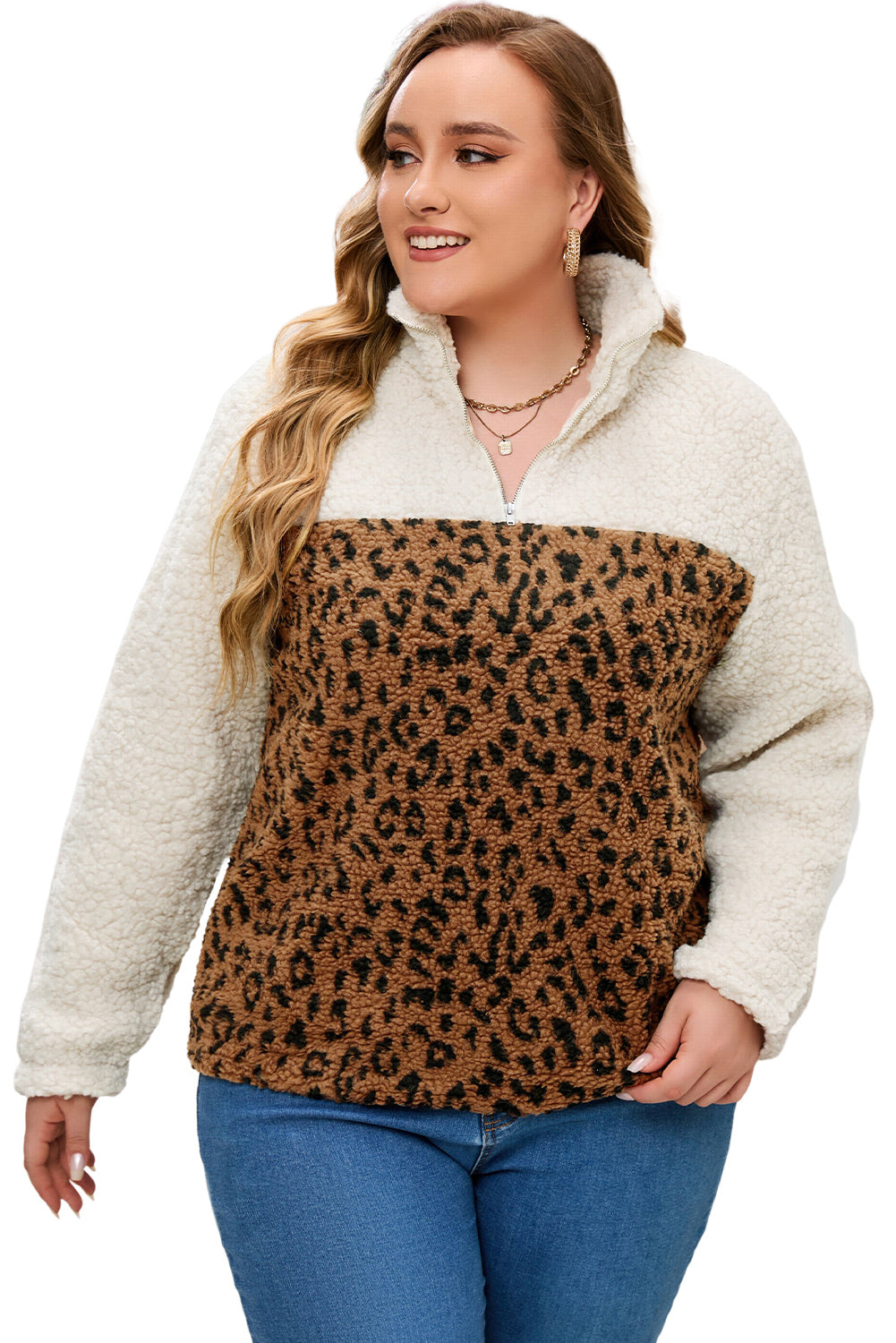 Leopard Plus Size Leopard Colorblock Zipped Sherpa Pullover