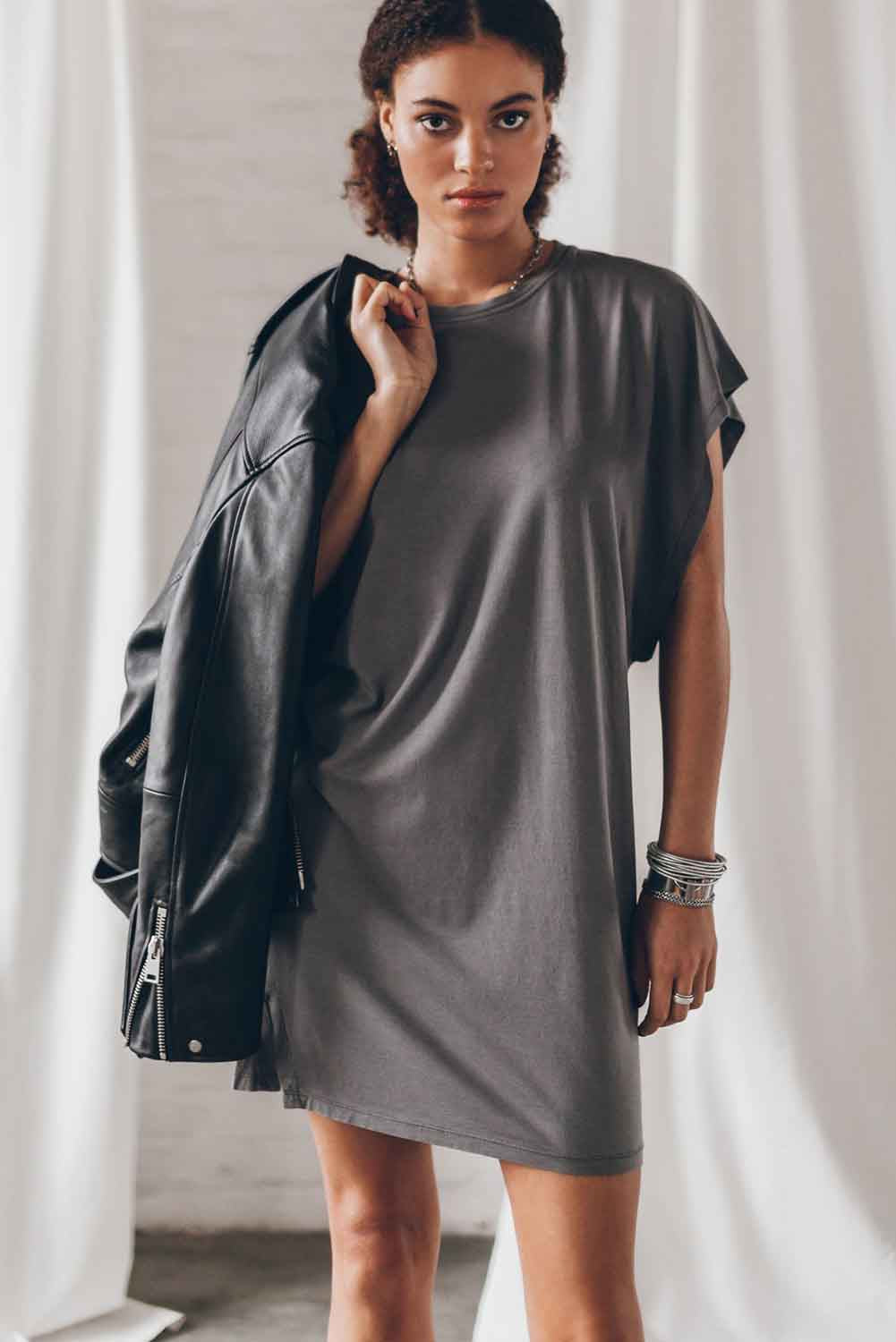 Gray Bat Sleeve T-shirt Dress with Slits