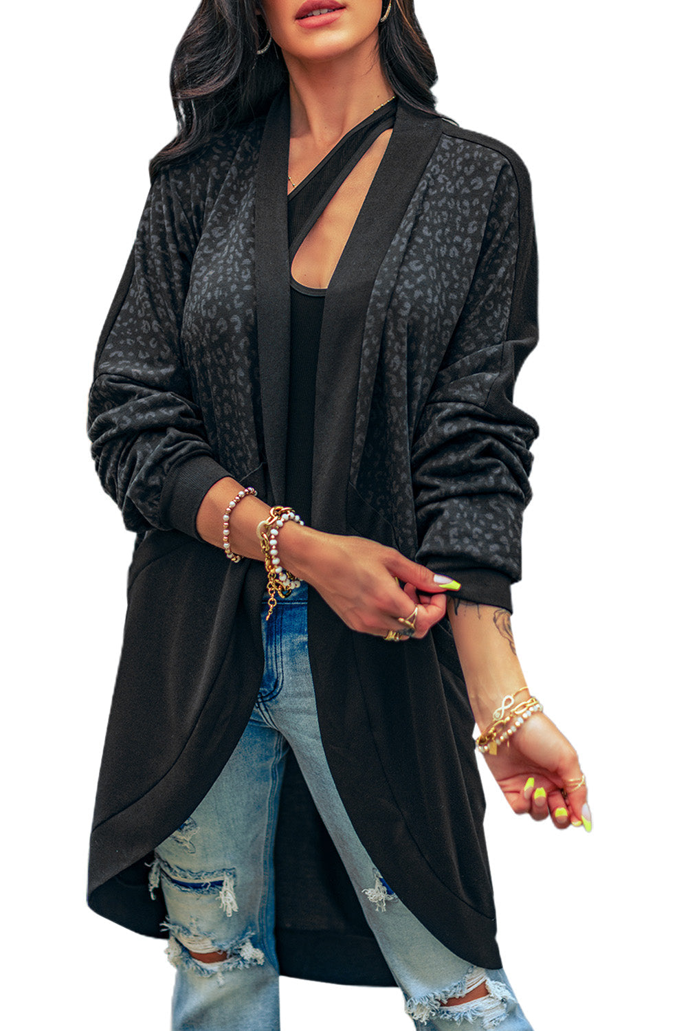 Black Leopard Parchwork Open Front Cardigan