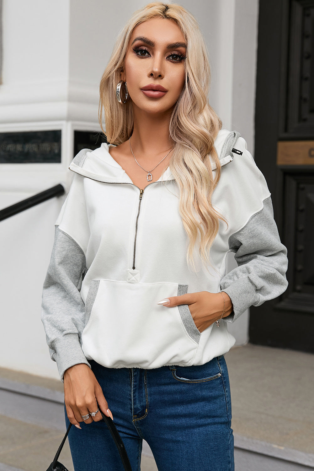 White Half Zipper Kangaroo Pocket Drop Shoulder Hoodie