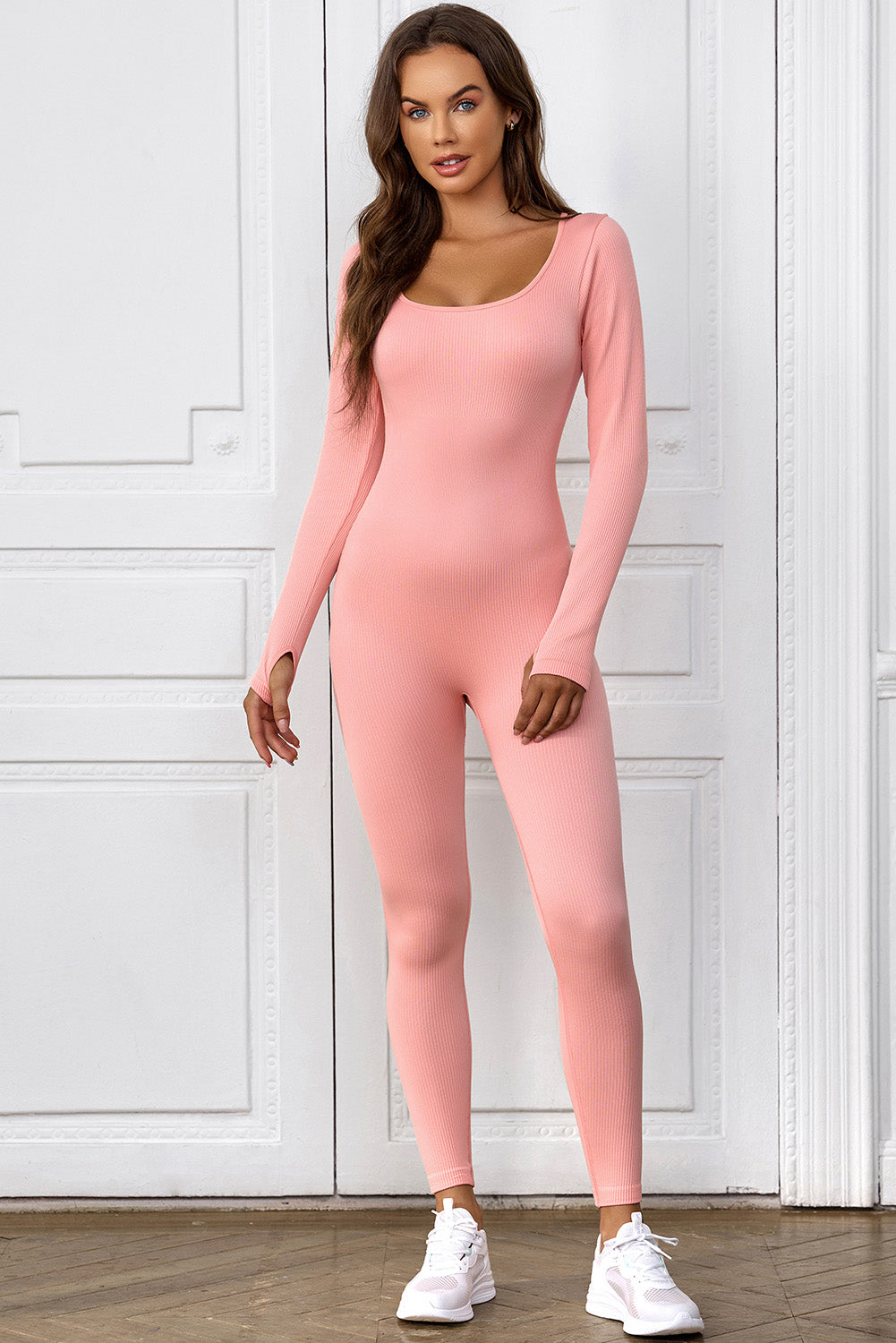 Black Scoop Neck Long Sleeve Seamless Yoga Jumpsuit