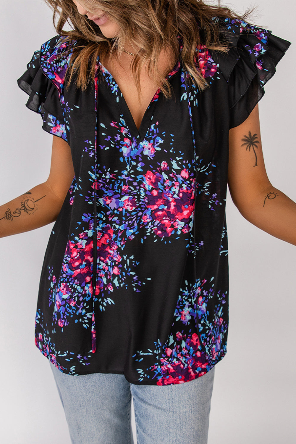 Black Butterfly Sleeves Split V Neck Tie-dye Print Blouse