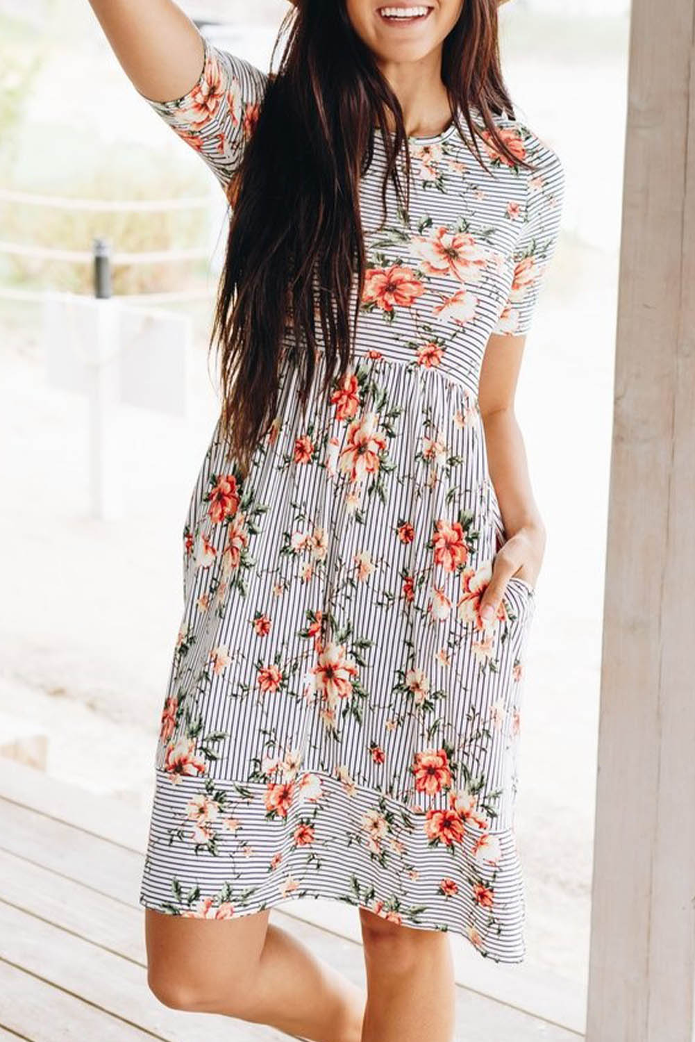 Striped Flower Short Sleeve Flowy Midi Dress
