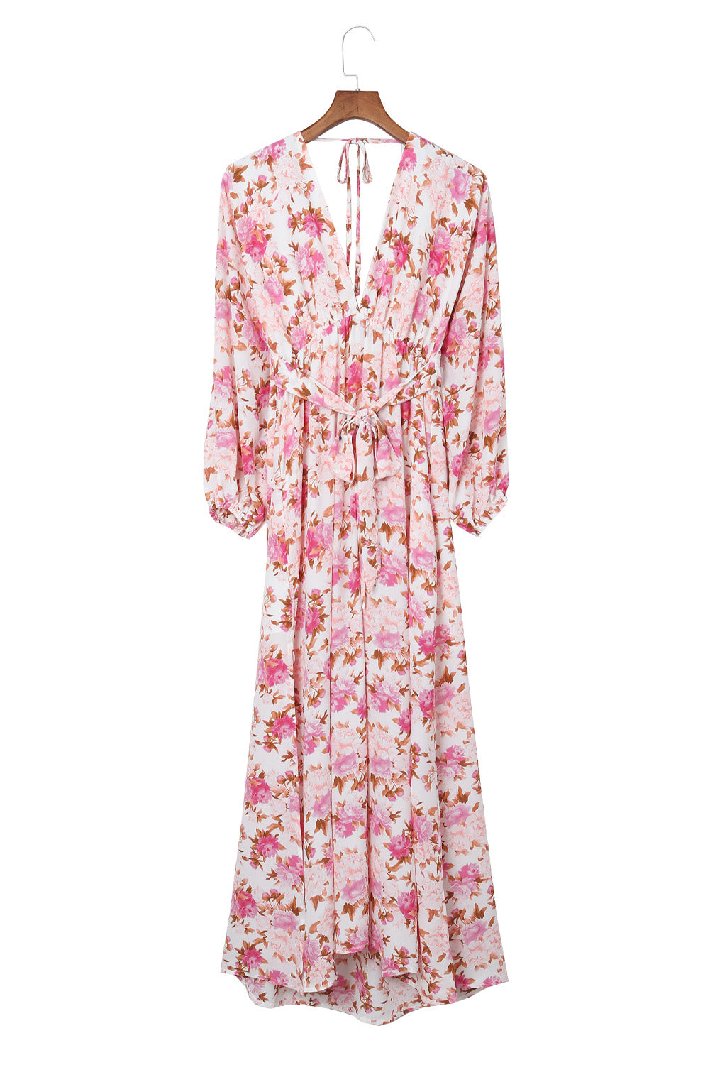 Purple Deep V Neck Ruched High Waist Floral Maxi Dress