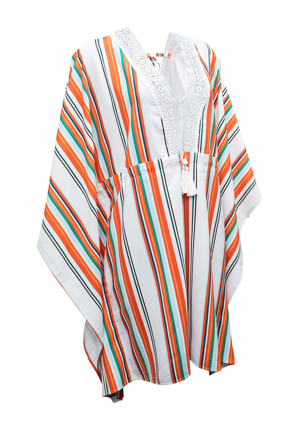 Multicolor Striped Lace V Neck Wide Sleeves Cinched Swimsuit Cover up