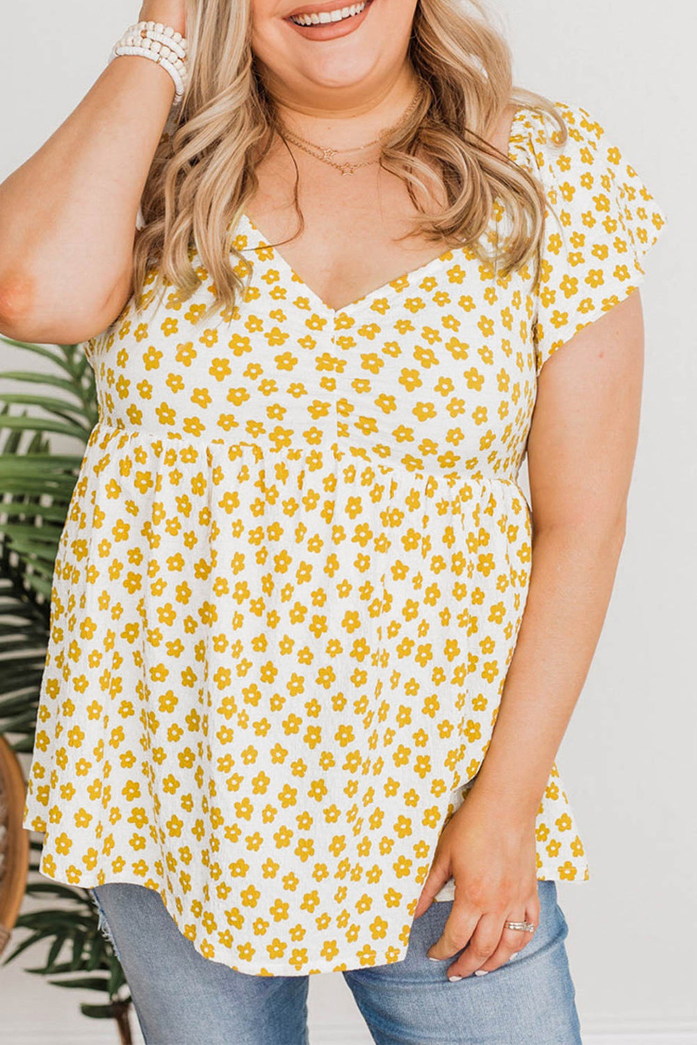 Yellow Plus Size Floral Babydoll Top