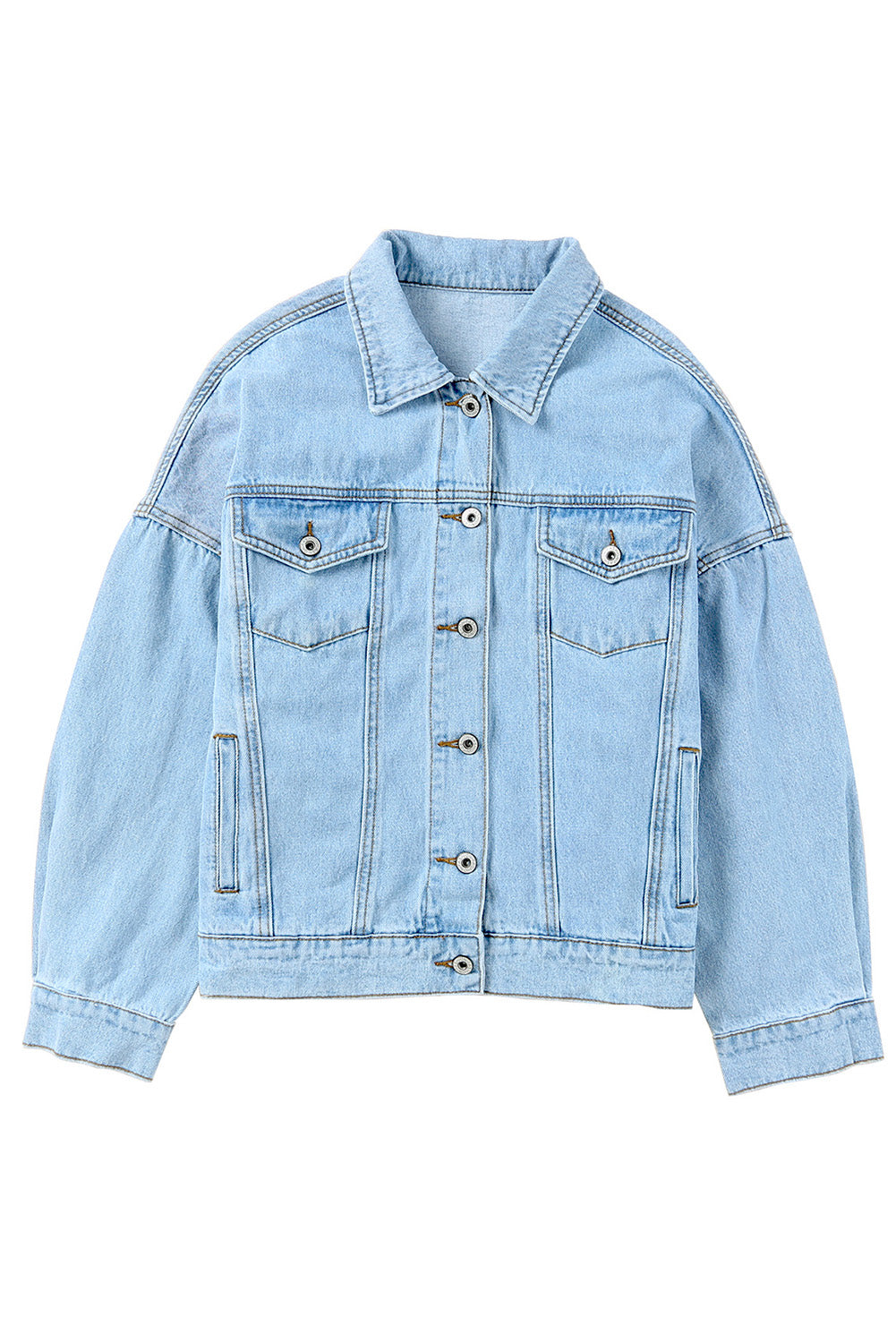 Sky Blue Acid Washed Pockets Buttoned Denim Jacket