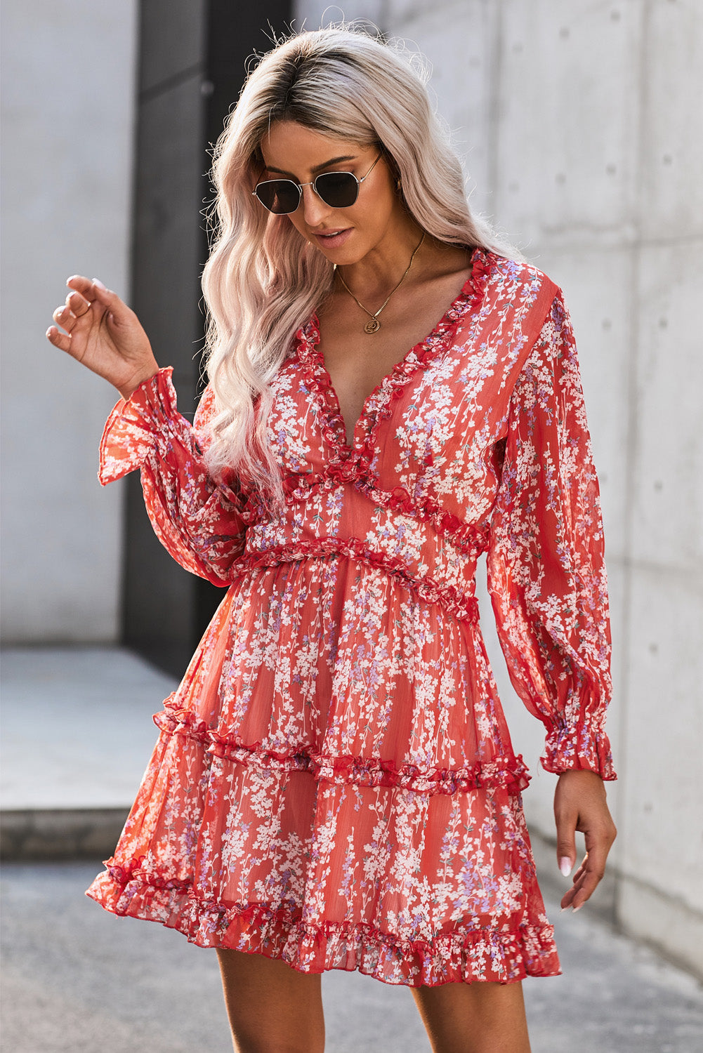 Blue Ruffle Detailing Open Back Floral Dress