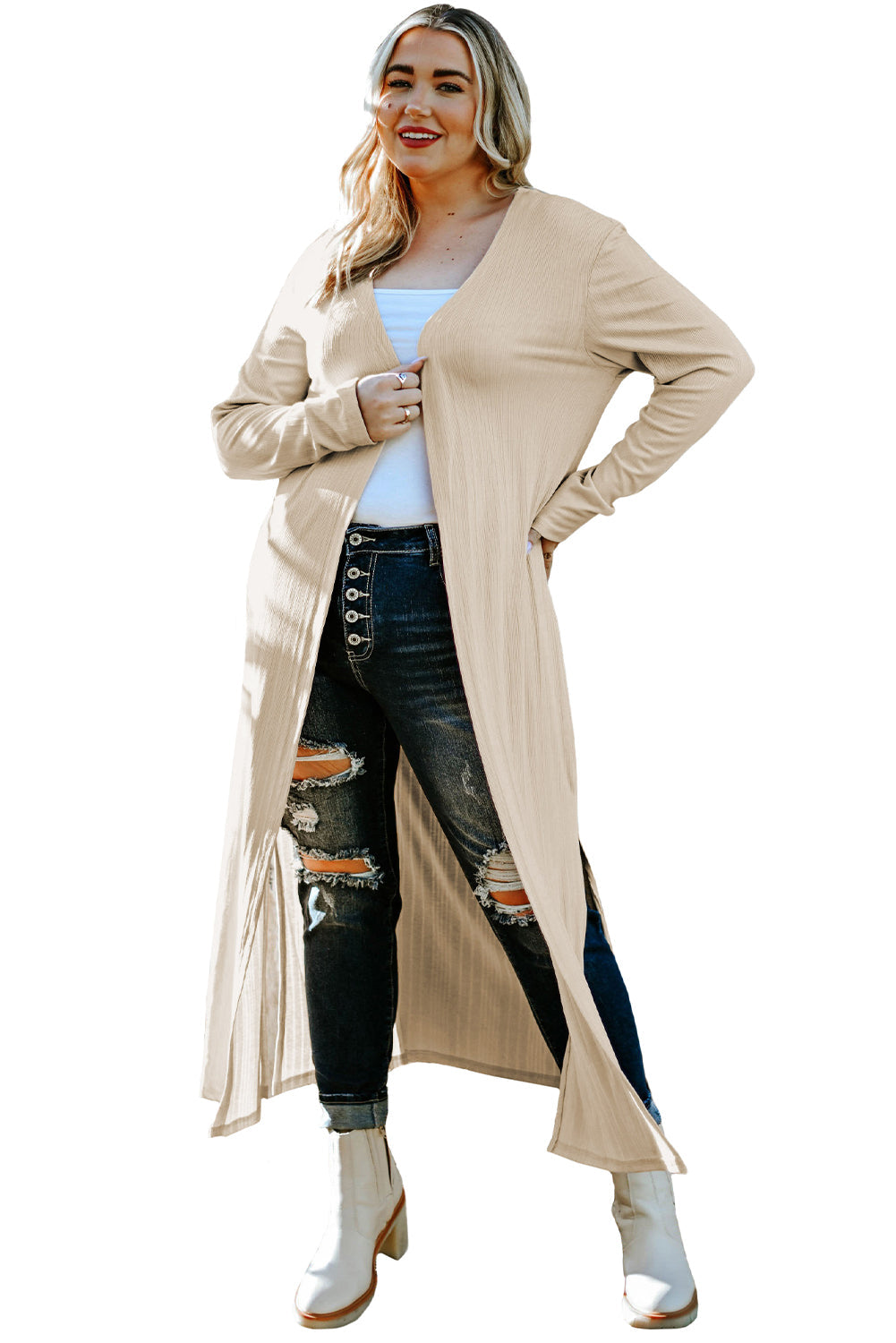 Beige Plus Size Ribbed Long Open Front Cardigan