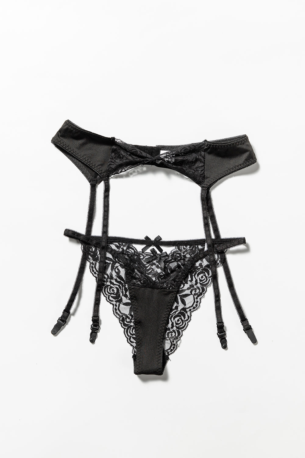 Black Bow Knot Mesh Contrast Garter Belt with Thong
